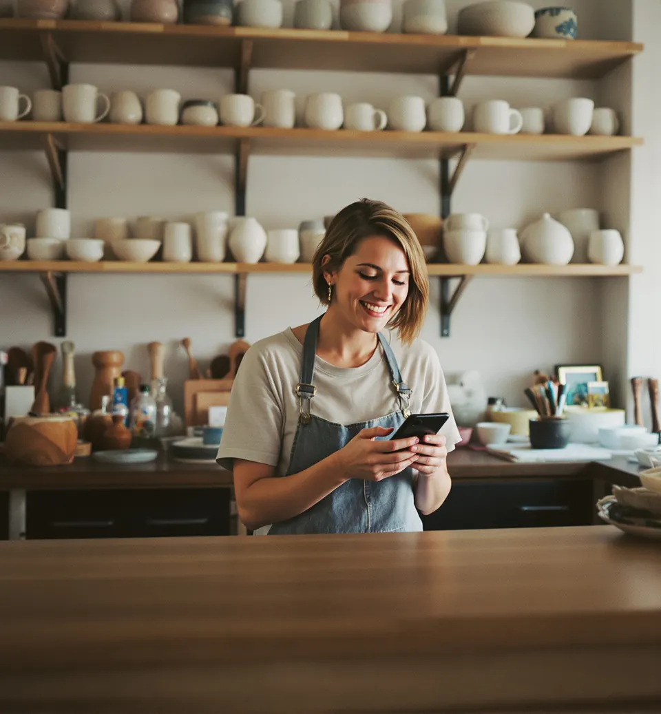 The owner of a small ceramics shop smiles at her phone, where Support's draft reply waits for her OK